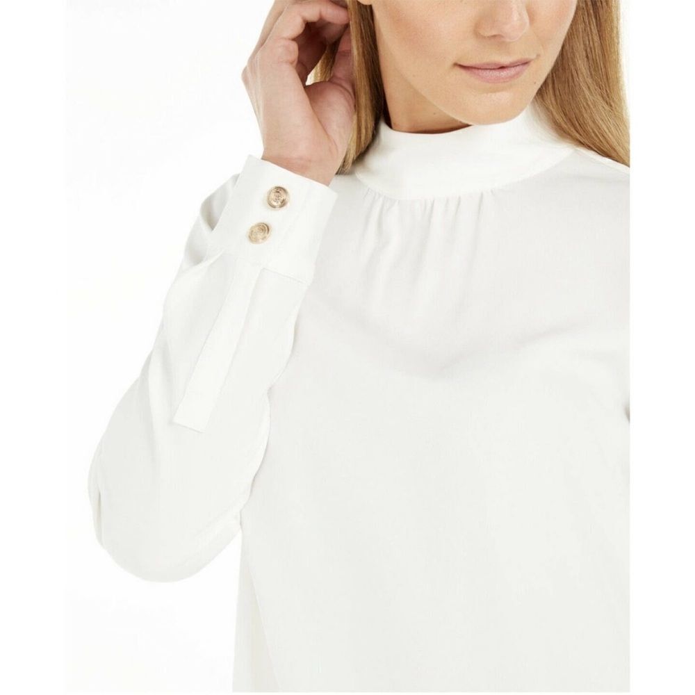 Calvin Klein Womens Mock Neck Blouse Ivory Long Sleeve Button Cuff Stretch L - Picture 2 of 8